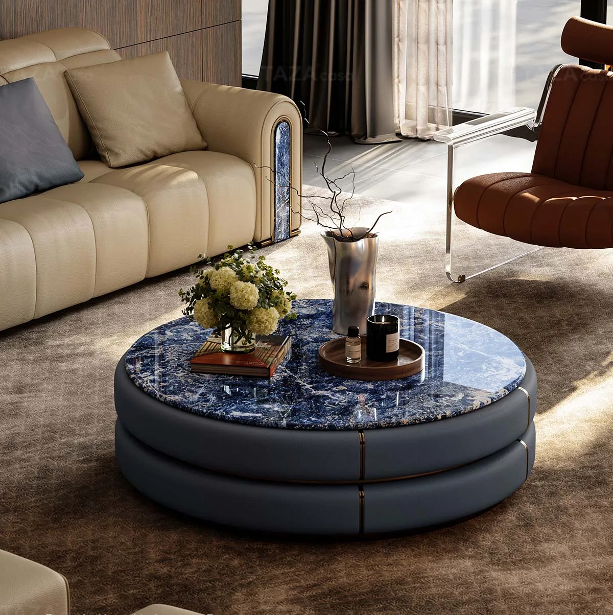 Modern Round Leather Coffee Table with Marble Top Luxury Living Room ...