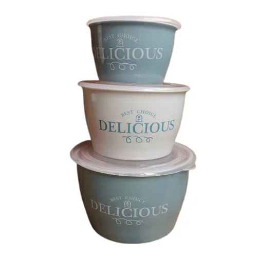 
Perzonalized stoneware serving bowl set of 3 microwave oven safe ceramic mixing fresh bowl with plastic seal lid 