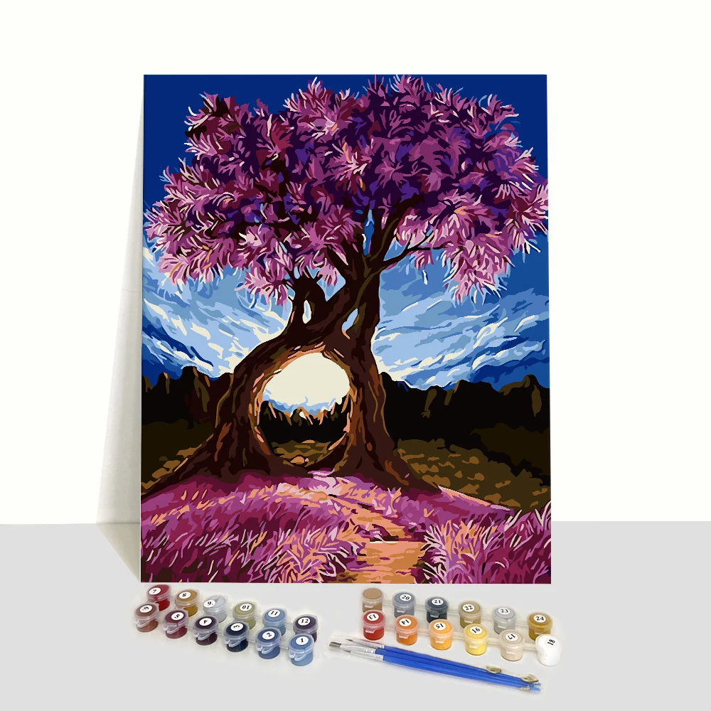 Customized Acrylic Paint Beautiful Kits Nature Scenery Oil Pink Tree Painting By Numbers - Diy Artwork Acrylique Tree Painting Numbers,12x16 Unframed Diy Oil Painting Numbers,Customized Hot Diy By