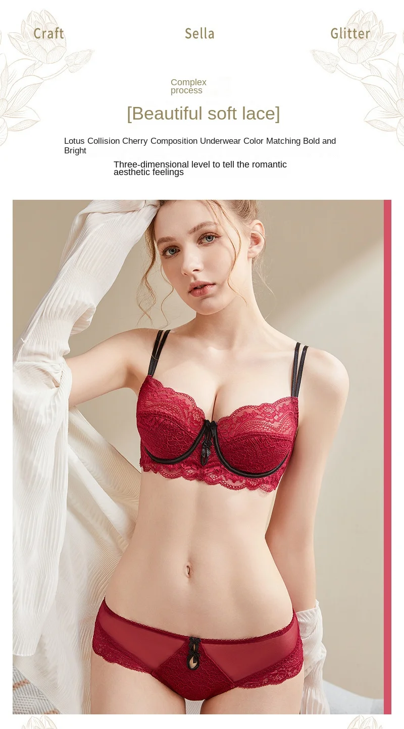 Benmingnian Red Lace Bra Thongs European American Sexy Ultra-Thin Underwear Adjustable Straps Pure Big Chest Showy Large Size