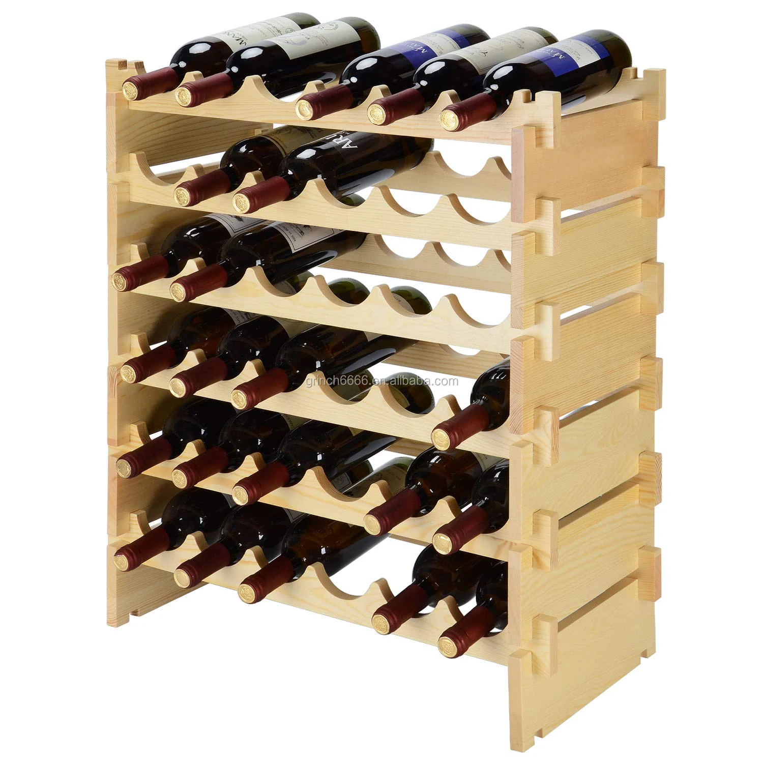 6 Tier Natural Wood 36 Bottle Stackable Modular Wine Rack,Free Standing ...