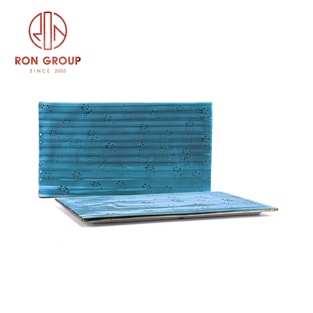 hot sale 10 12 14 inch wedding hotel dishes set dinnerware blue flat ceramic rectangle plates for restaurant
