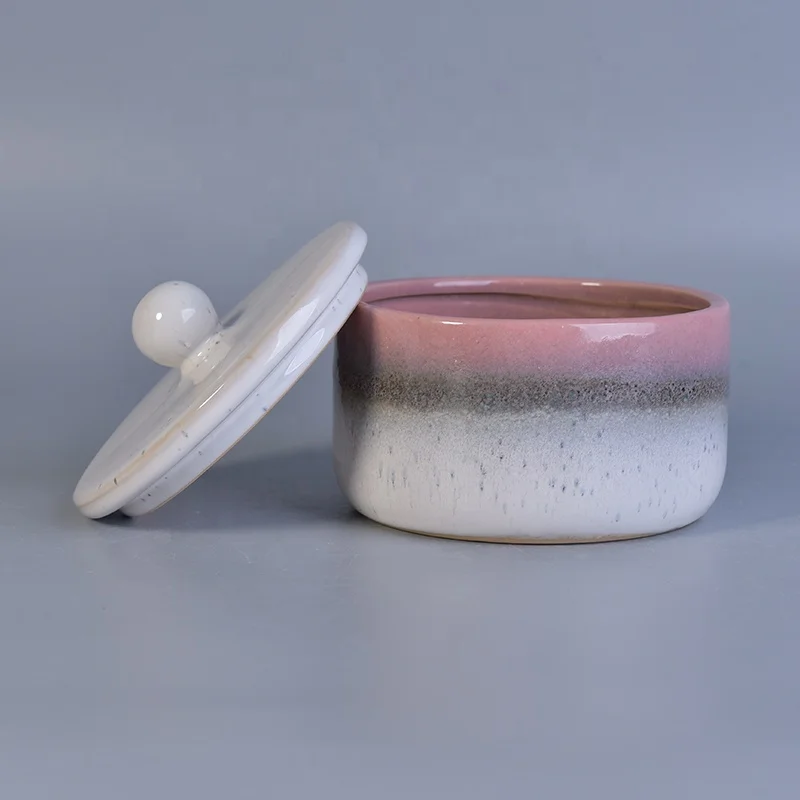 Round glaze printing custom ceramic tealight candle jar porcelain candle holders with lids bedroom decoration factory