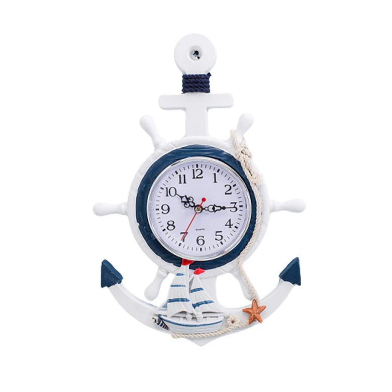 High Quality Resin Mediterranean Style Anchor Clock Beach Sea Theme Nautical Ship Wheel Rudder Steering Wheel Decoration