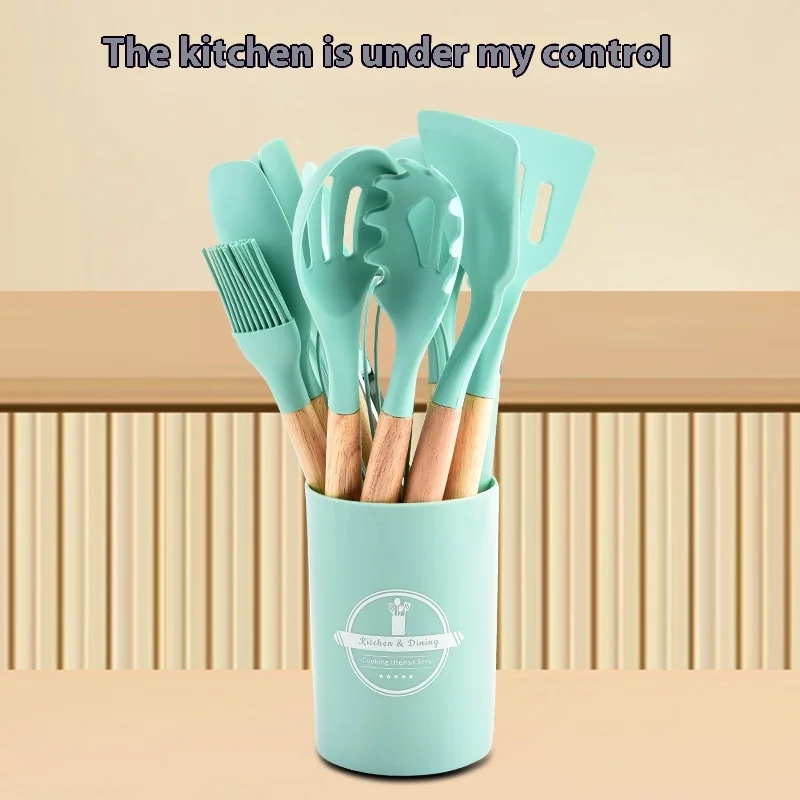 product non stick silicone kitchenware set wooden handle cross border cooking spoon shovel storage tube direct utensils-3