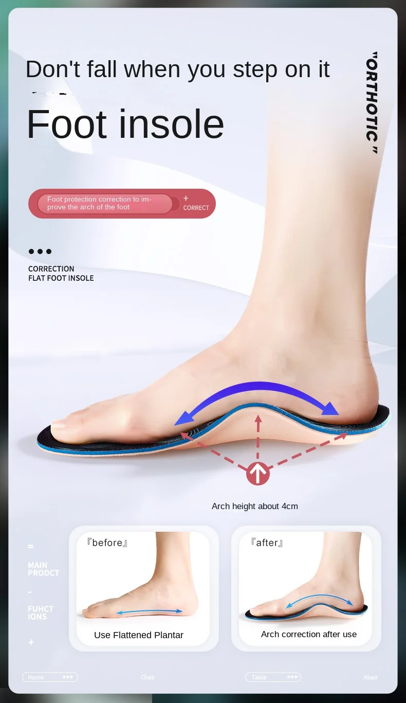 Cork Flat Foot Correction Insoles for Men and Women Shock Absorbing Foot Arch Support Orthopedic Orthotic Made of EVA Material