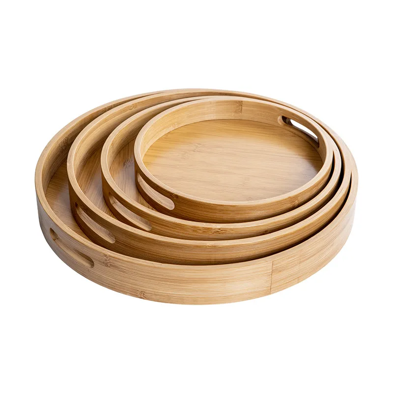 High quality china custom round wood crafts food serving tray wooden floating bamboo service rolling tray with handles for tea