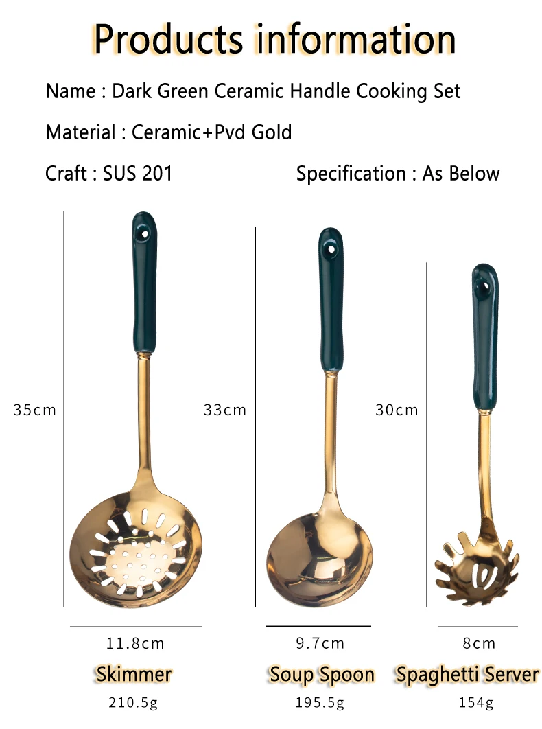 Luxury Dark Green Gold Cooking Tools Set Stainless Steel With Ceramic
