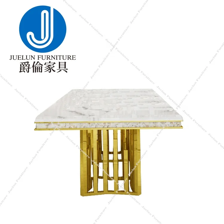High quality custom gold stainless steel brown marble rectangle european style dining table curved glass table craft table