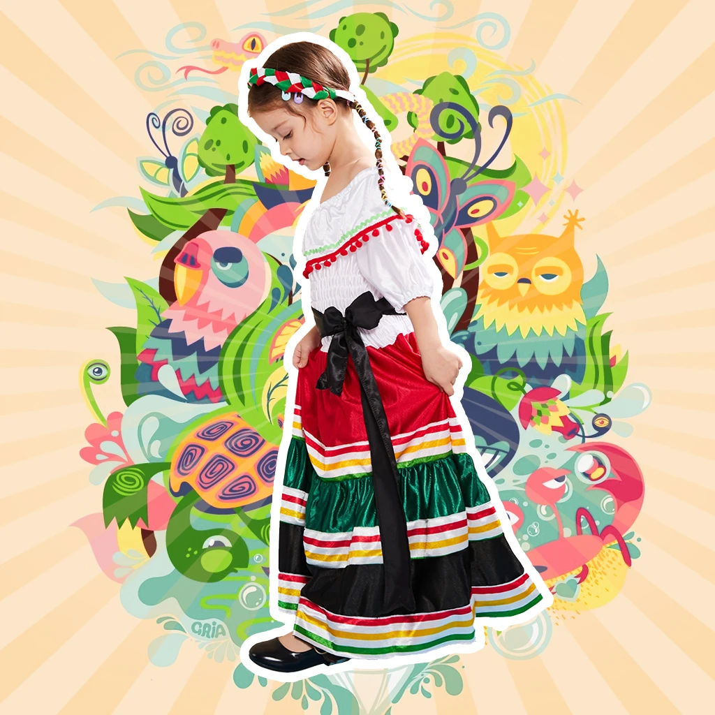 Halloween Kids Girls Dress Up Cute Mexican Colorful Dresses For