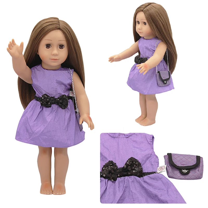 
Amazon Hot 18-inch American Doll Couple Dress, White Shirt Plaid Suit +Beautiful Sleeveless Purple dress Party Doll Clothes 