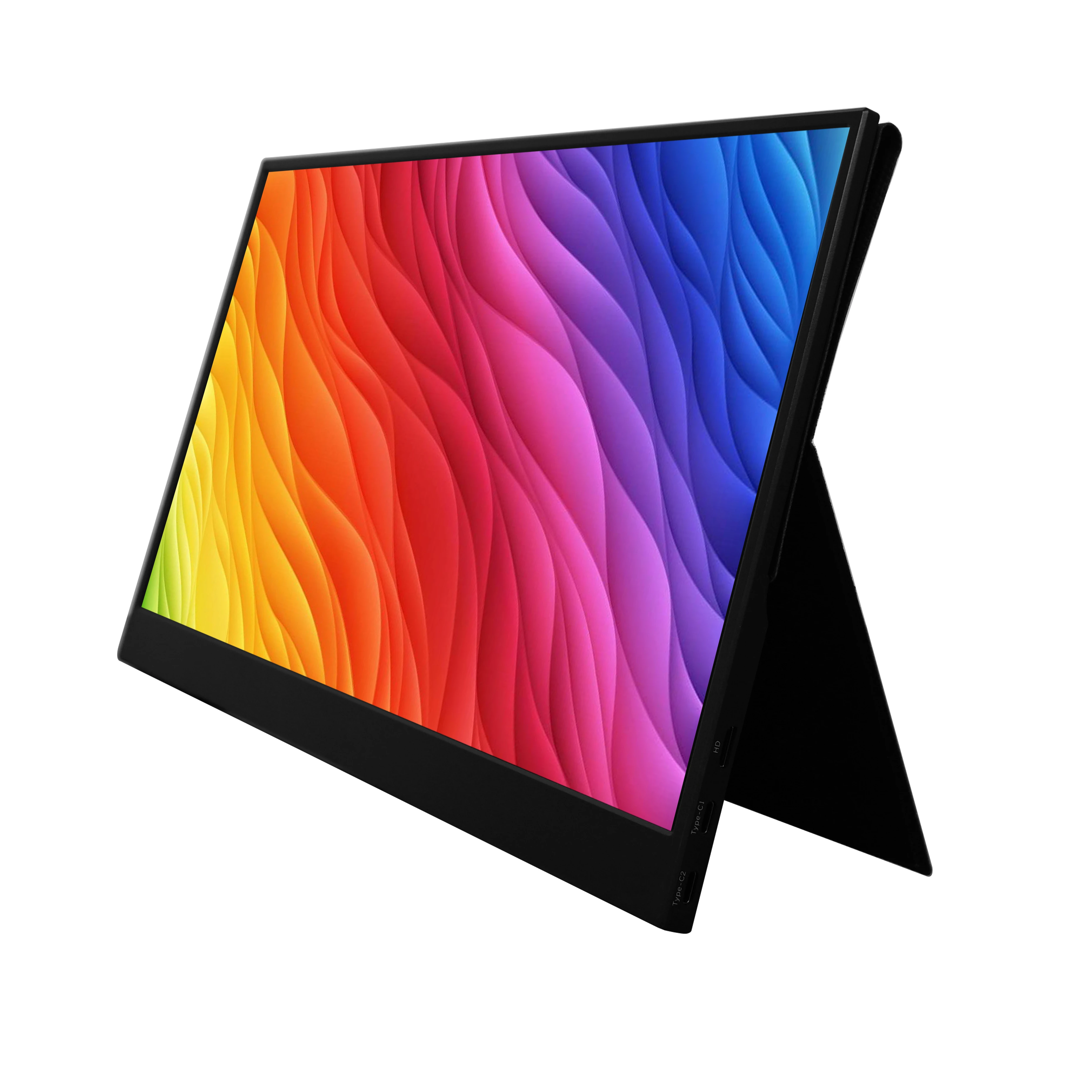Side-view photo of three 13.3-inch portable monitors stacked vertically showing thickness and stand design differences