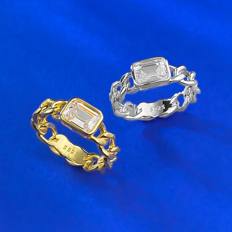 S925 Silver White Gold 5*7 Rectangular Lab Diamond Cuban Ring Live Cross-Border Chain Trendy Weddings Engagements