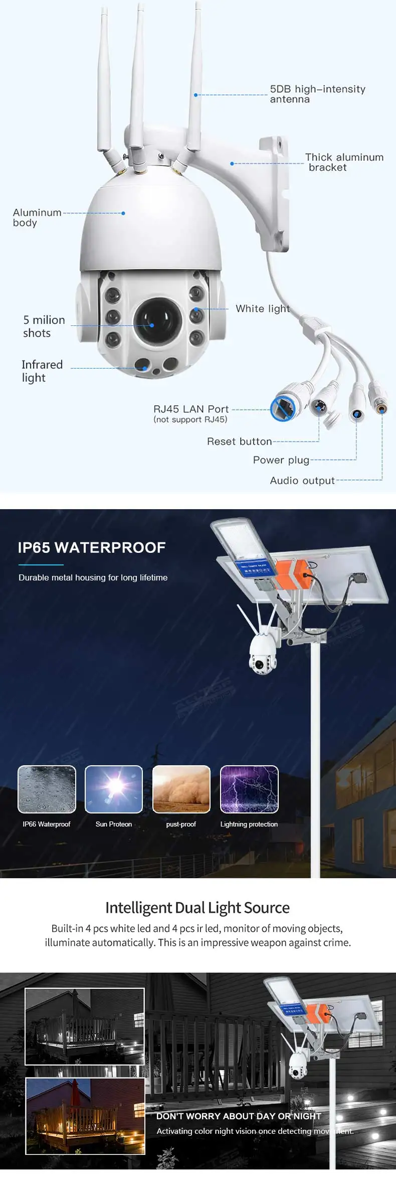 ALLTOP Intelligent cellphone remote control ip65 waterproof smd 80w solar led street light with cctv camera