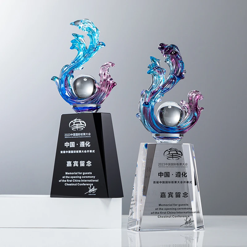 2024 High Quality Water Wave shape Trophy Crystal Glass ball Trophy  business sport events souvenirs trophy factory