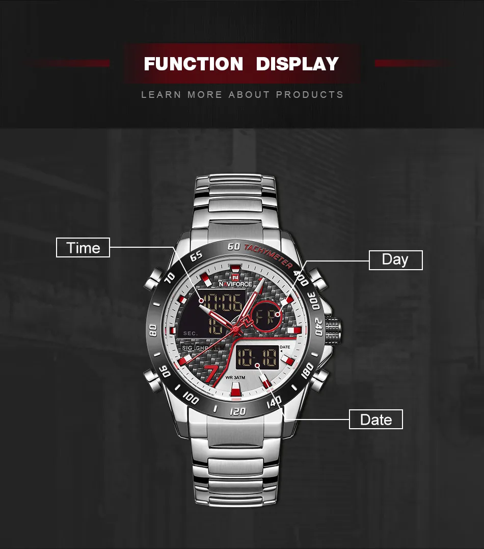 NAVIFORCE Men Watch New Fashion All Steel Quartz Watch Men LED Dual Display Waterproof Male Clock NF9171
