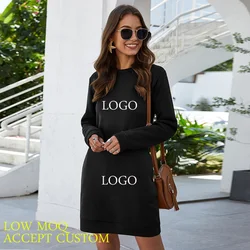 woman 2020 custom logo OEM casual Solid color clothes fall trending tshirt round neck sweat midi dress with side pocket