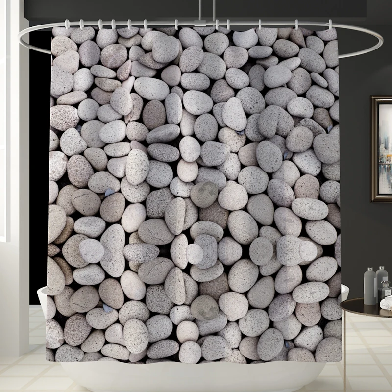 Stone Style Shower Curtain Lid Toilet Cover Bath Mat Rug with Hooks Bathroom Accessory Sets