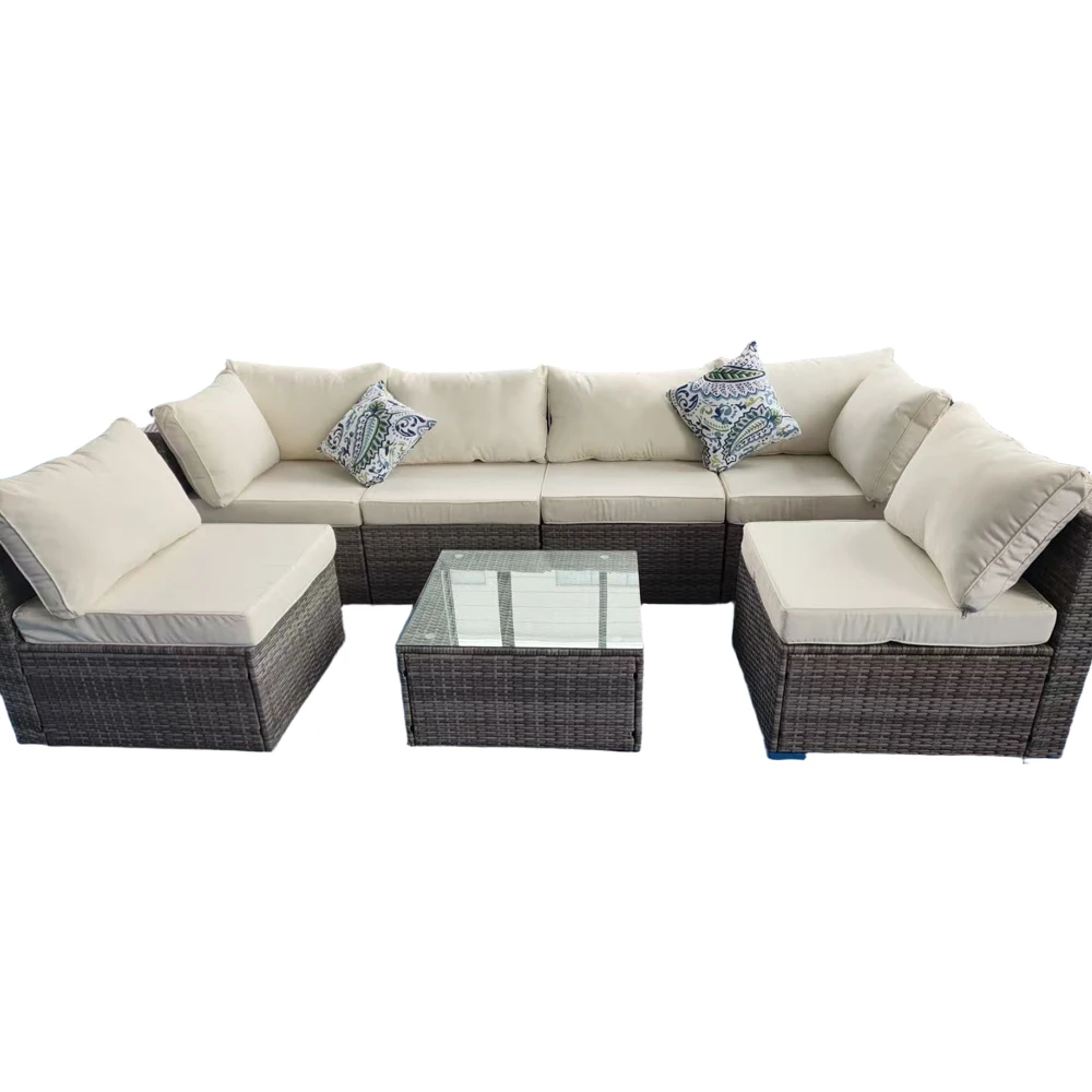 7pcs Rattan Chair Wicker Cane Outdoor Patio Sectional Sofa Rattan Furniture Garden Sofas Garden Seating Set manufacture