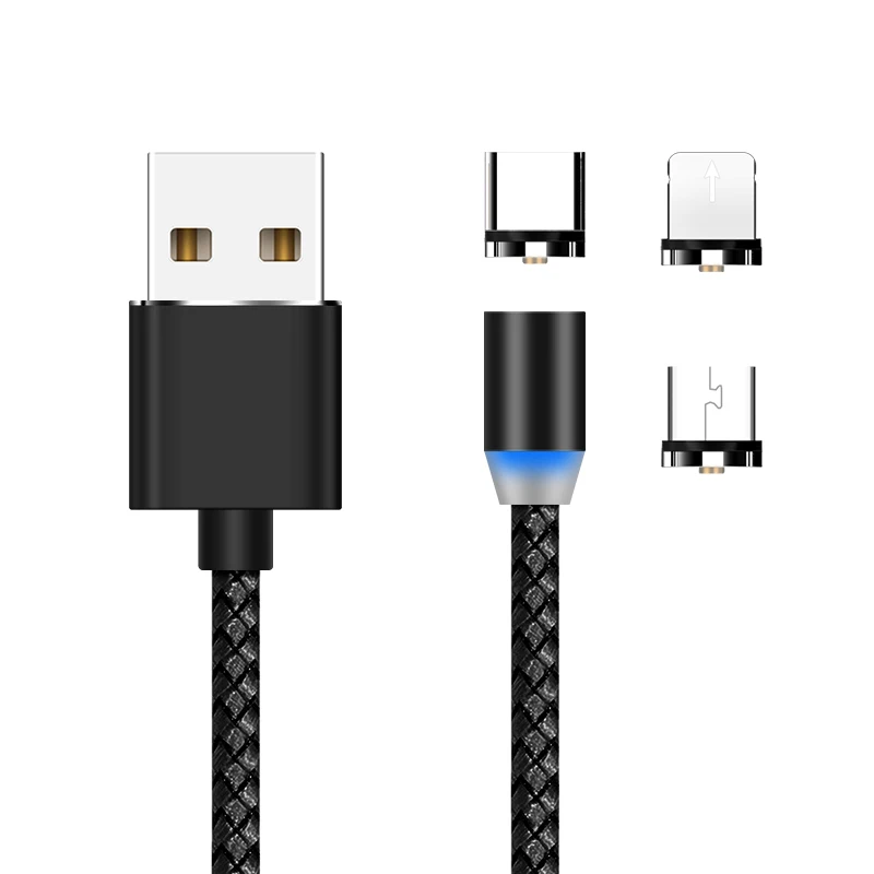 Nylon braided 2.4A magnet cable led magnetic usb charging cable 3 in 1