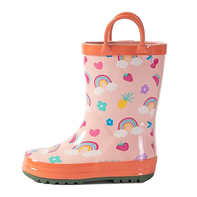 Cute Fun Patterns Kids Rain Boots Pink Toddler Rain Boots With Handles