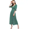 Hot Sale 2019 Women Fall Buttoned Tiny Floral Maxi Flare 3/4 Length Sleeves A-Line Ankle-Length V-Collar Maxi Ladies Dress