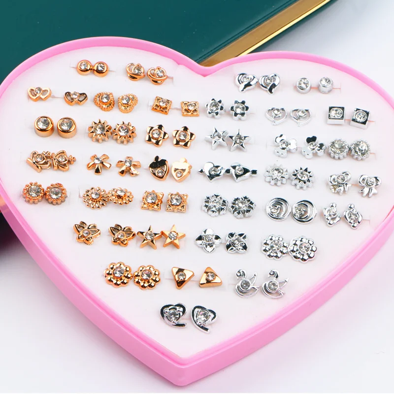 Heart Box 36 Pairs Gold Plated Silver Earrings Diamond Plastic Needle ...