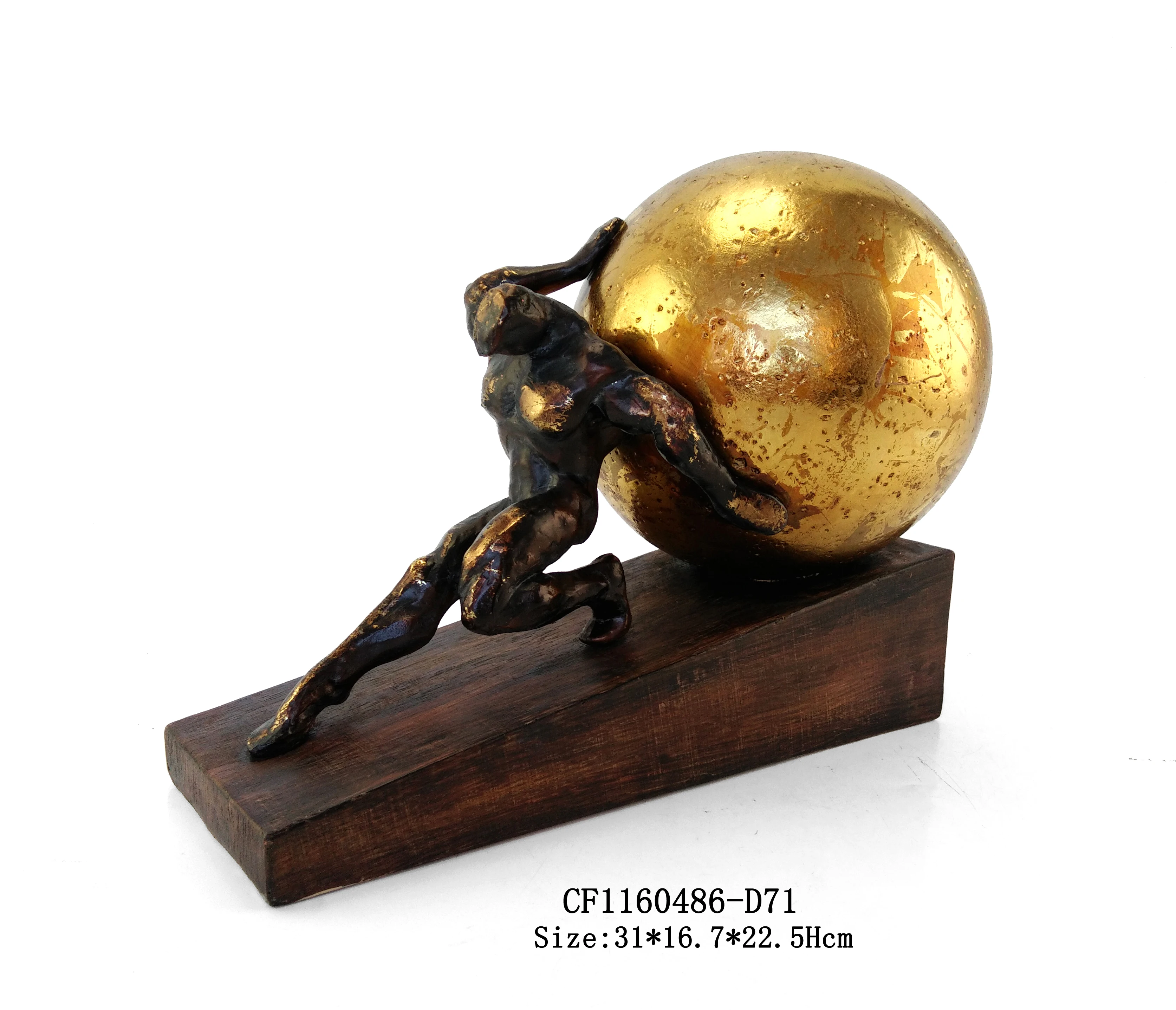 Wholesales artificial resin abstract men pushing the gold ball decoration for tabletop gifts manufacture