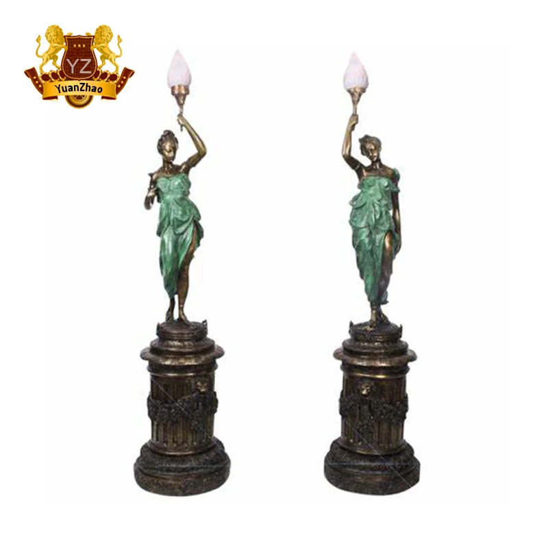 Lady Woman Life Size Antique Bronze Statue Lamps With Lights For Home