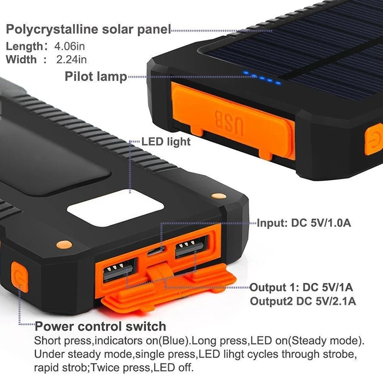Waterproof 10000mAh Solar Charger Outdoors Emergency External Battery for Mobile Phone Tablets Light - ANKUX.COM