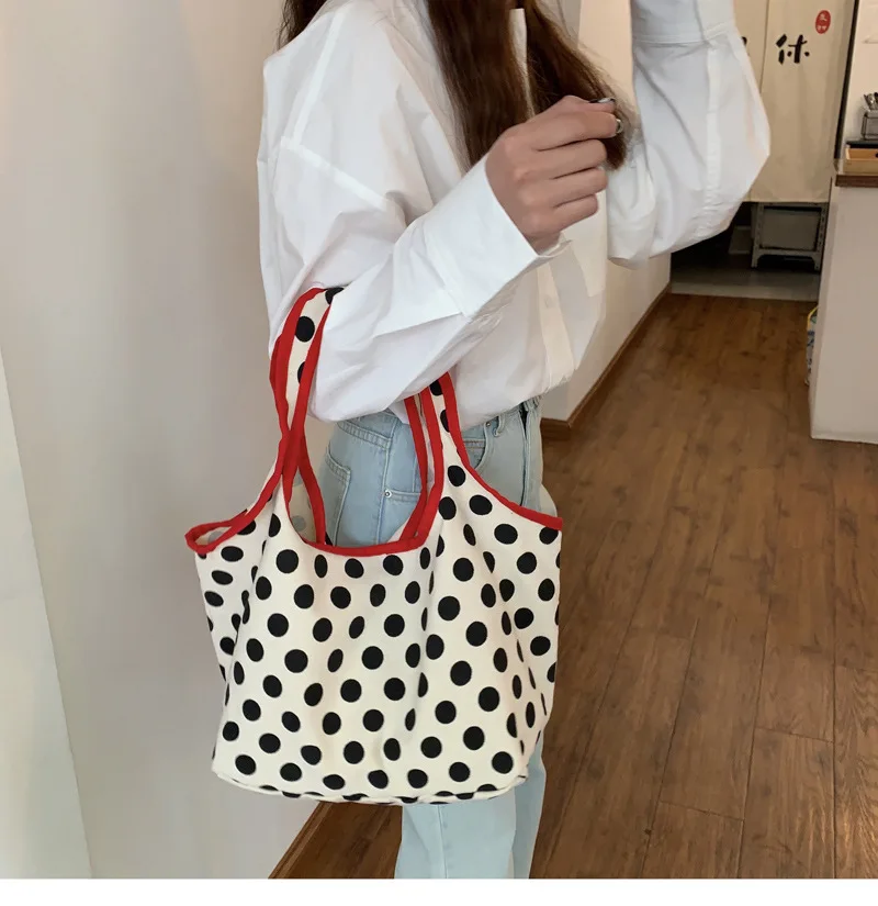 2024 Japanese Style Canvas Shopping Bag Fashionable Dot Casual Shoulder Handbag Outdoor Canvas Shopping Bag