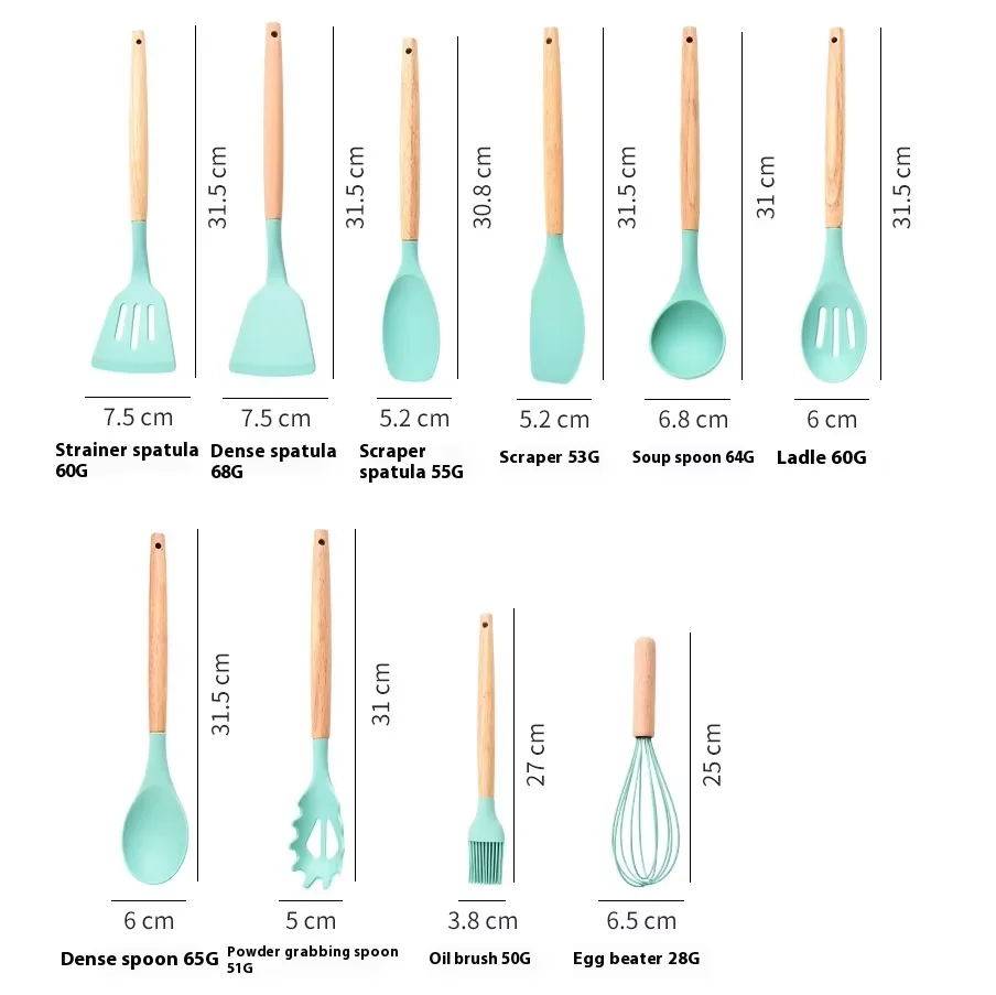 product non stick silicone kitchenware set wooden handle cross border cooking spoon shovel storage tube direct utensils-4