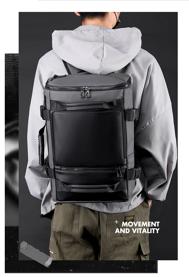 Men's Large Capacity Waterproof GPS Backpack Multifunctional PU Laptop Bag Zipper Handheld Business Travel Crossbody Polyester