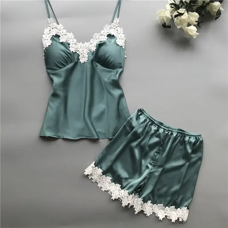 Femmes Sexy dentelle Lingerie vêtements de nuit en satin de soie pamas sous-vêtements nuisette vêtements de nuit courts 2 pièces ensemble_voghion.com