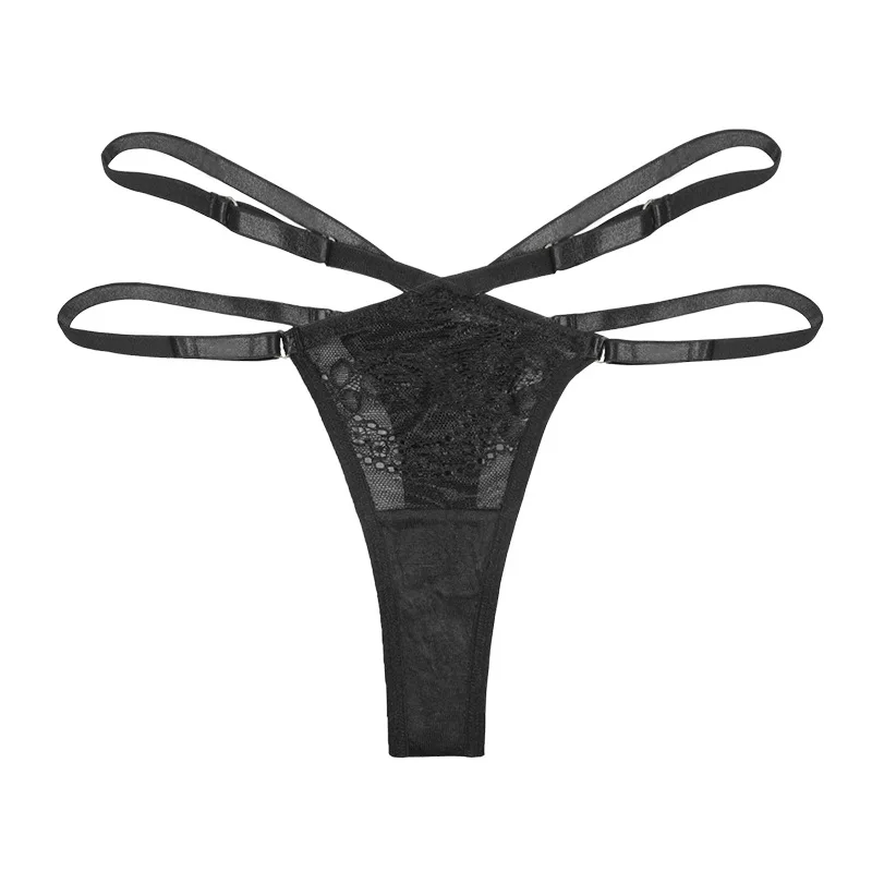 Custom Low Rise Cotton Crotch Lingerie Ring Buckle Cross Striped Black Lace G String Panties For