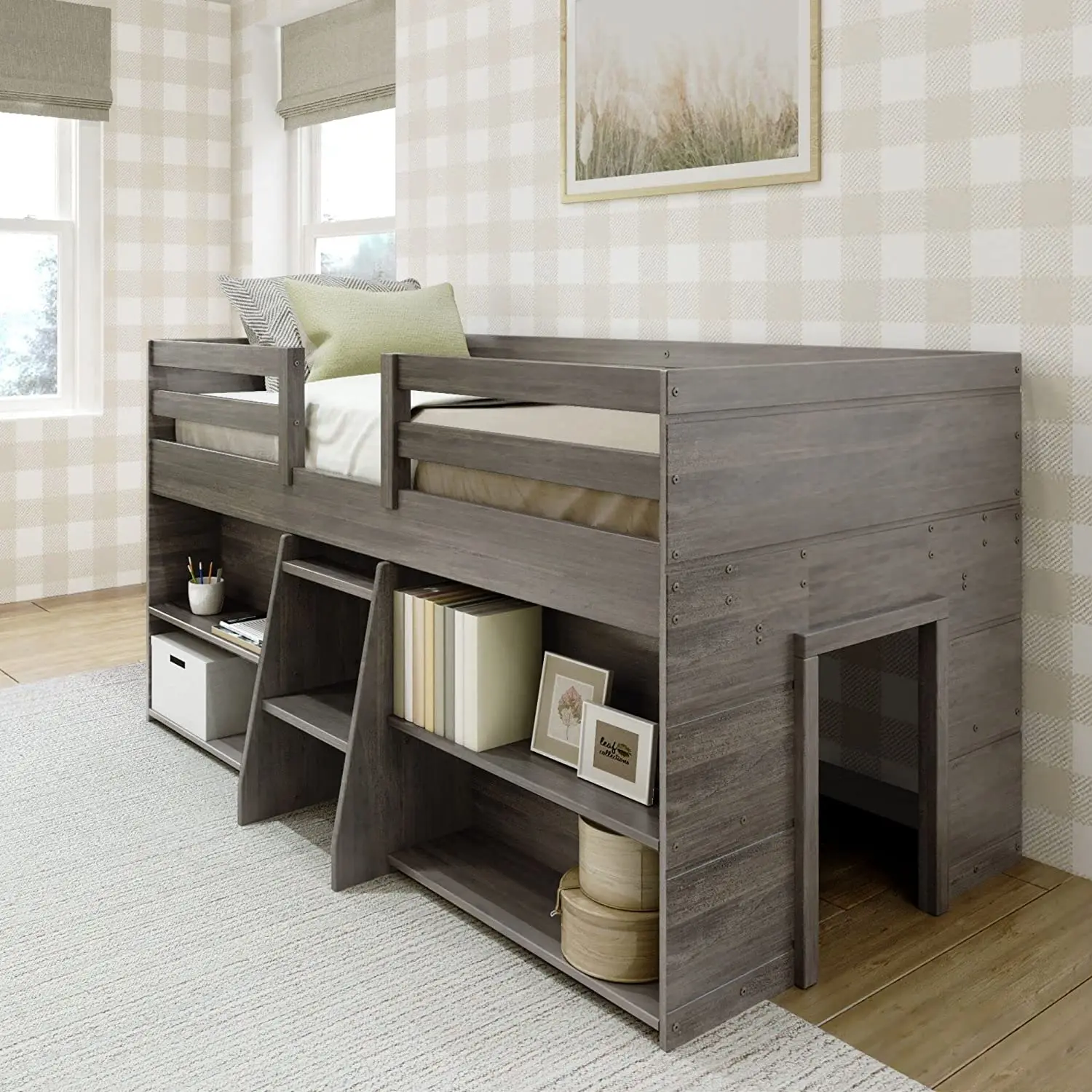 Modern Farmhouse Low Loft Bed Twin Bed Frame For Kids With 2 Bookcases