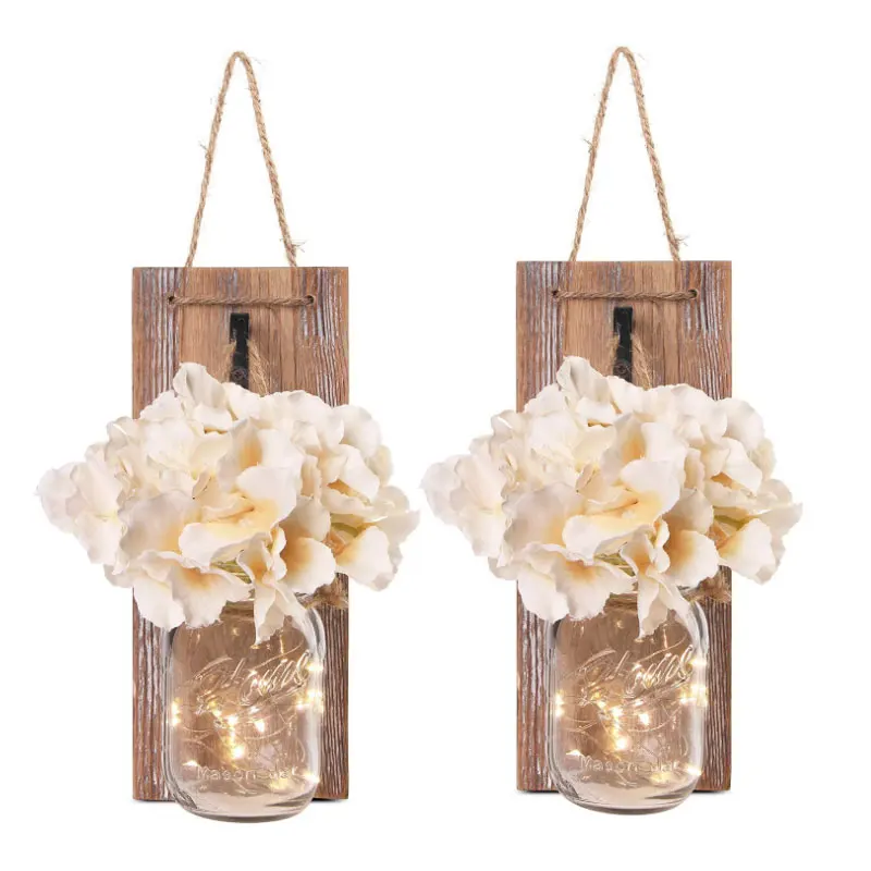 Mason Jar Sconces for Home Decoration Rustic Wall Lamp with LED Fairy Lights and Silk Hydrangea Flowers Farmhouse  Wall Lights