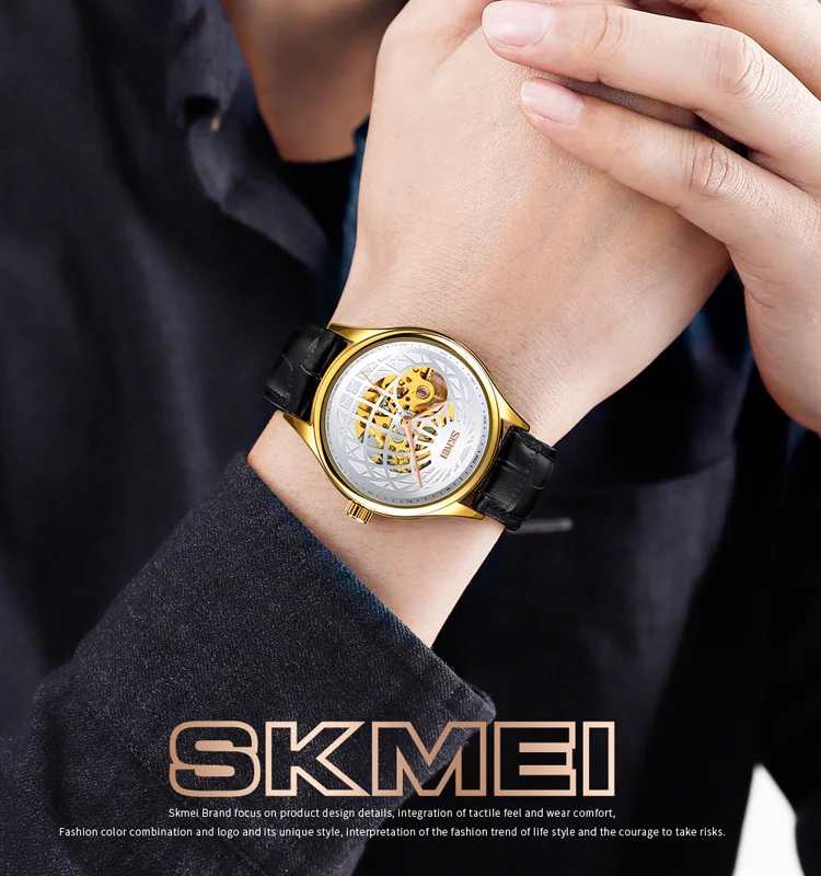 SKMEI 9209 jam tangan rose gold luxury leather mechanical automatic hand wrist watch for men
