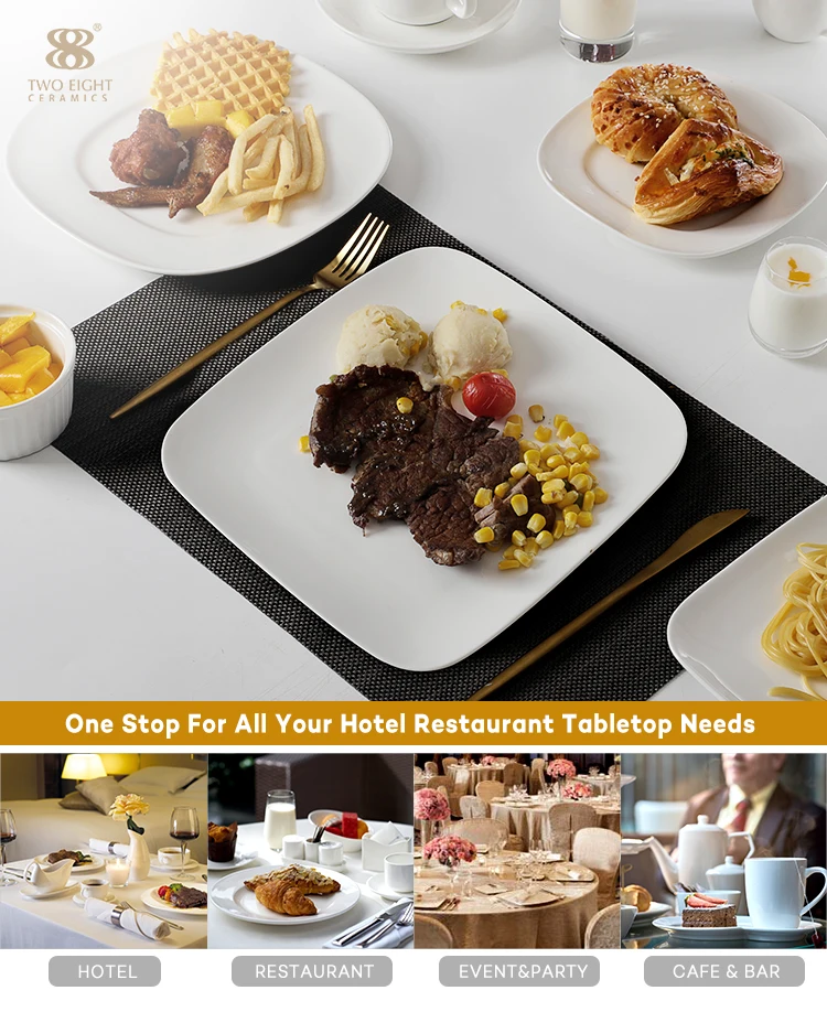 product-Two Eight-Fancy Square Restaurant Food Dish Set, Hosen Rolay White Fine Porcelain Plate, Por