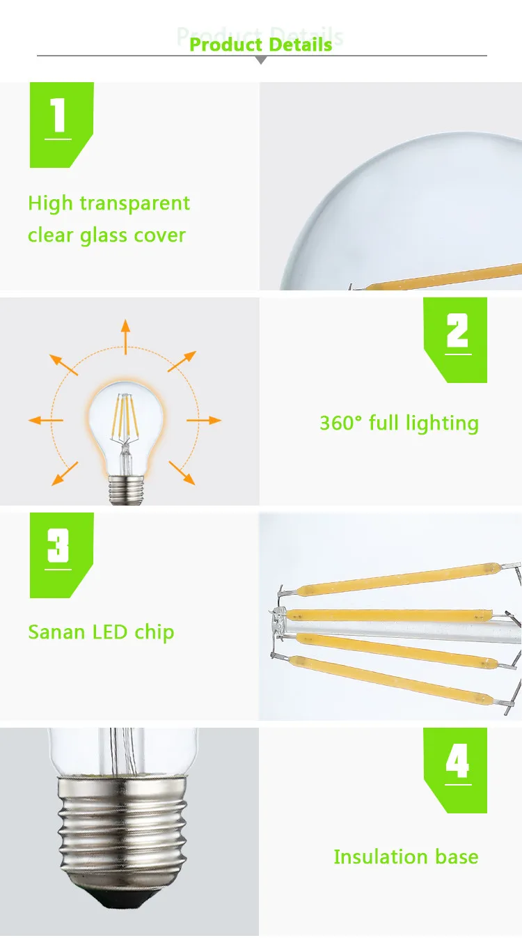 工厂价格 4W 220 V-240 V led 灯丝灯 led 灯泡 A60