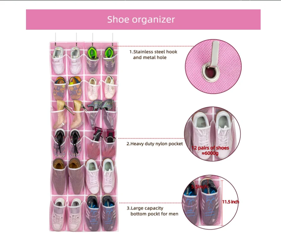 Over Door Shoe Organiser,Hanging Pocket Shoe Organizer,Pink,Multi