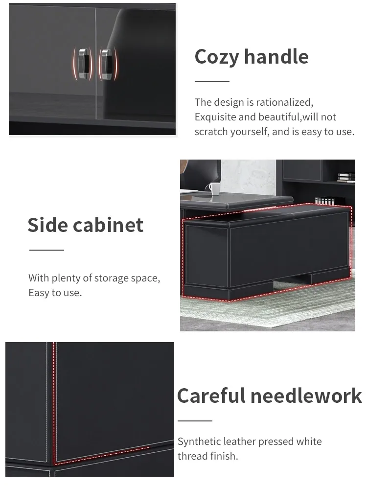 Pengpai Black Brand New Boss Table Office Desk Design With Side Cabinet