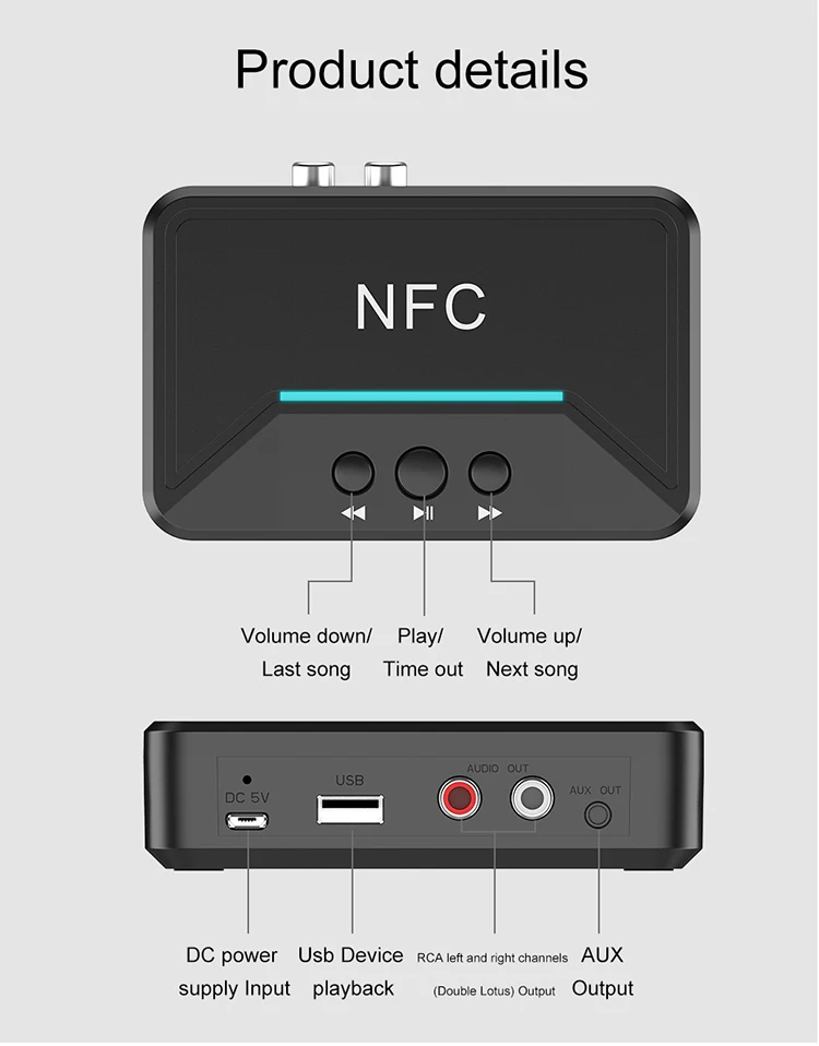 NFC Bluetooth Wireless Stereo Audio Music Receiver Adapter USB RCA 3.5mm Speaker 