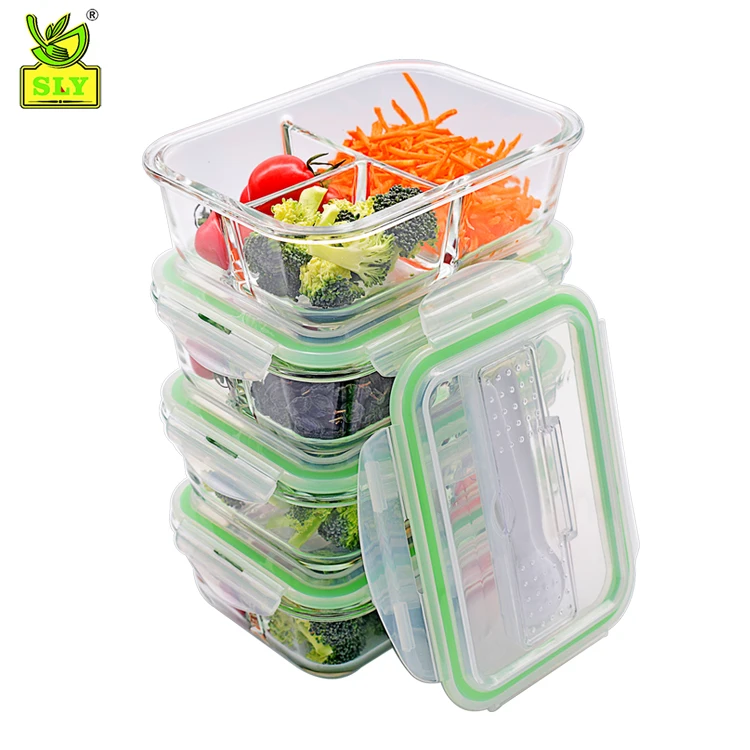 3 Compartments Glass Material Bento Lunch Box 36oz Glass Food Container