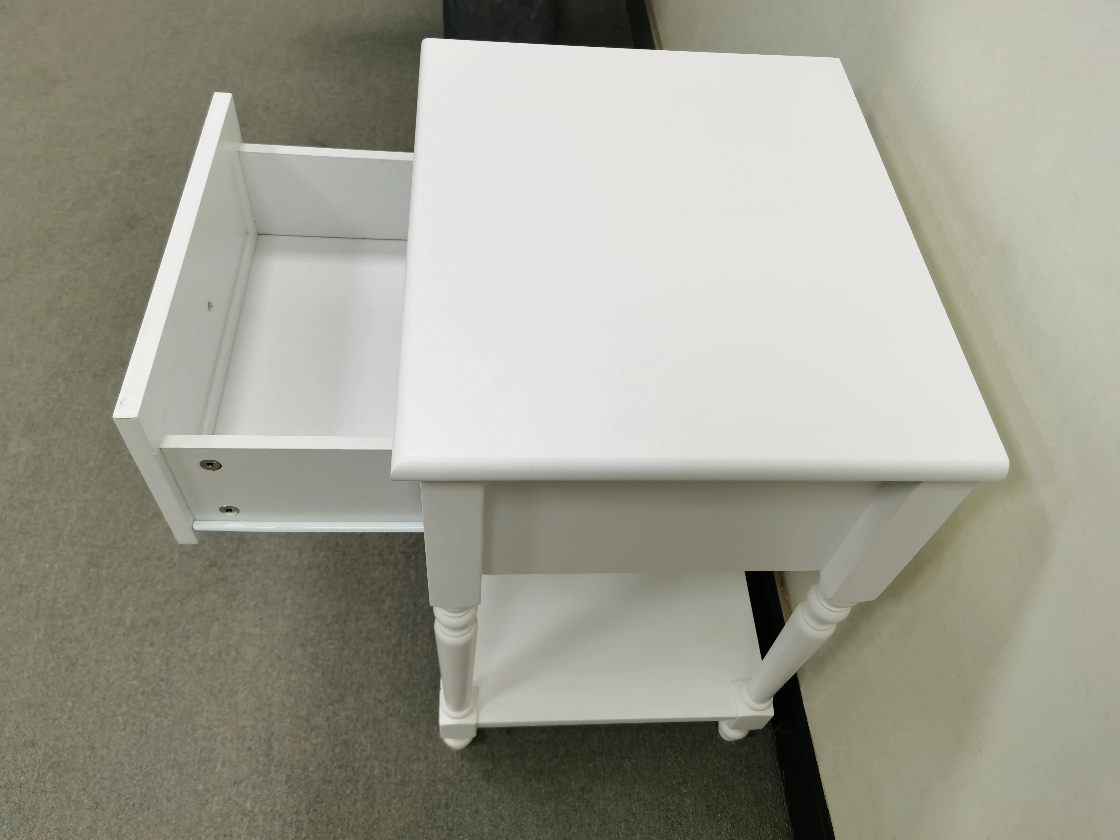 Wooden Classic Bed Side Table With Shelf White Painting With Antique