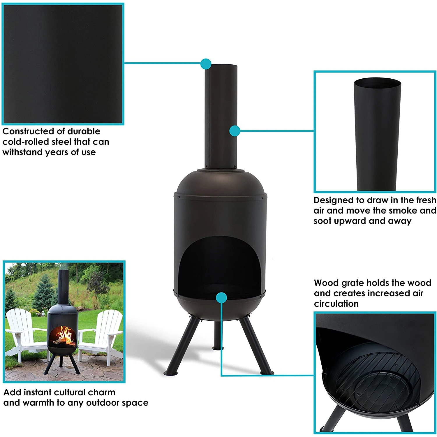 Outdoor Garden Black Chimineas Bbq Charcoal Grill Wit Wood Grate Wood ...