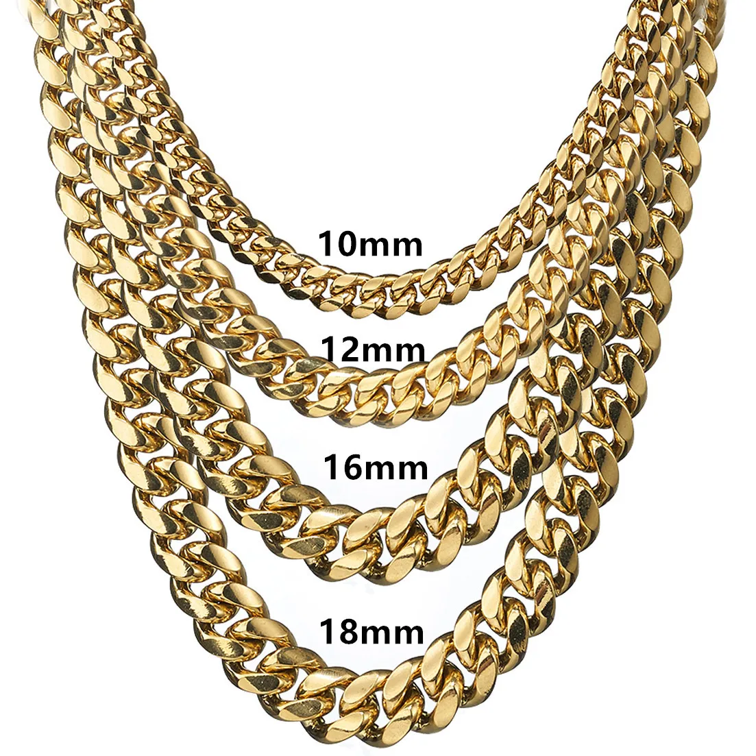 Fashion Mens Cuban Link Chain 18K Gold Plated Stainless Steel Curb Choker Necklace 6mm-18mm Width