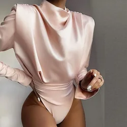 High Quality Sexy Bodysuit Full Sleeve Ruched Backless Satin Blouse Tops Plain High Cut Elegant Bodysuits Shirt For Women