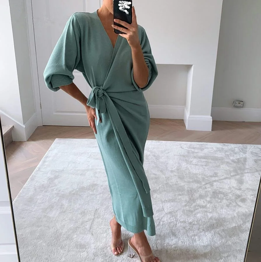 Long Women Knitted Wrap Dress Autumn Winter Oversize Elegant Day Dress Sexy  V Neck Knitwear Robe Ladies Clothes Holiday Dresses - Buy Elegant Sexy Wrap  Dress,V-neck Solid Color Long Skirt,Women's Sweater Robe