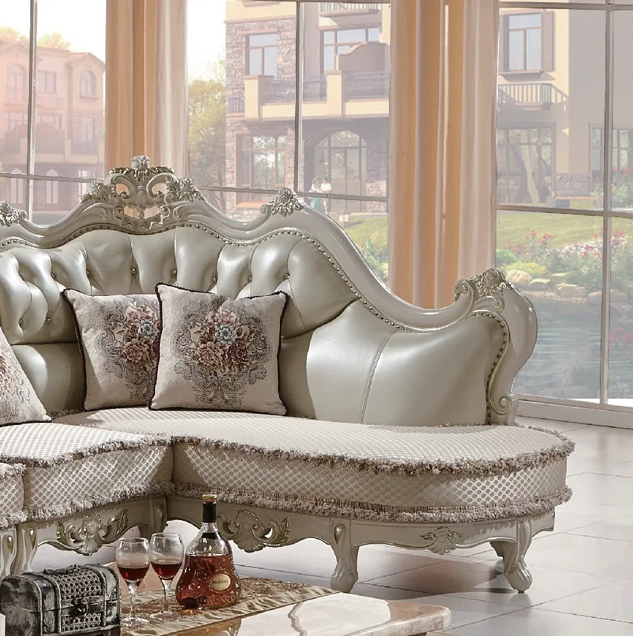 香槟金色/白色经典豪华l型沙发套装客厅真皮实木框架沙发 - buy sofas
